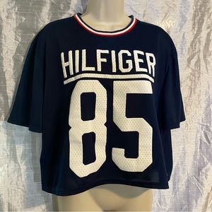 Tommy Hilfiger SZ XL GUC crop top bust 22” flat, length 21”, sleeves 2 1/2”